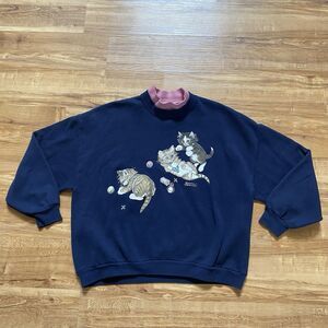 VTG 90s Womens PL Morning Sun Granny Sweatshirt Playful Cats Double Sided Collar